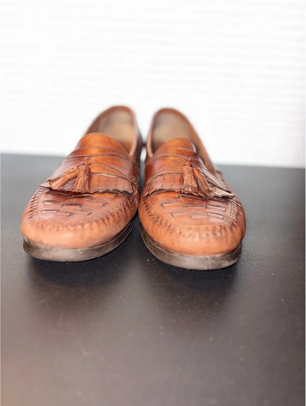 Vintage 90s Giorgio Brutini 13D Brown Woven Leather Kiltie Tassel Loafers 1286